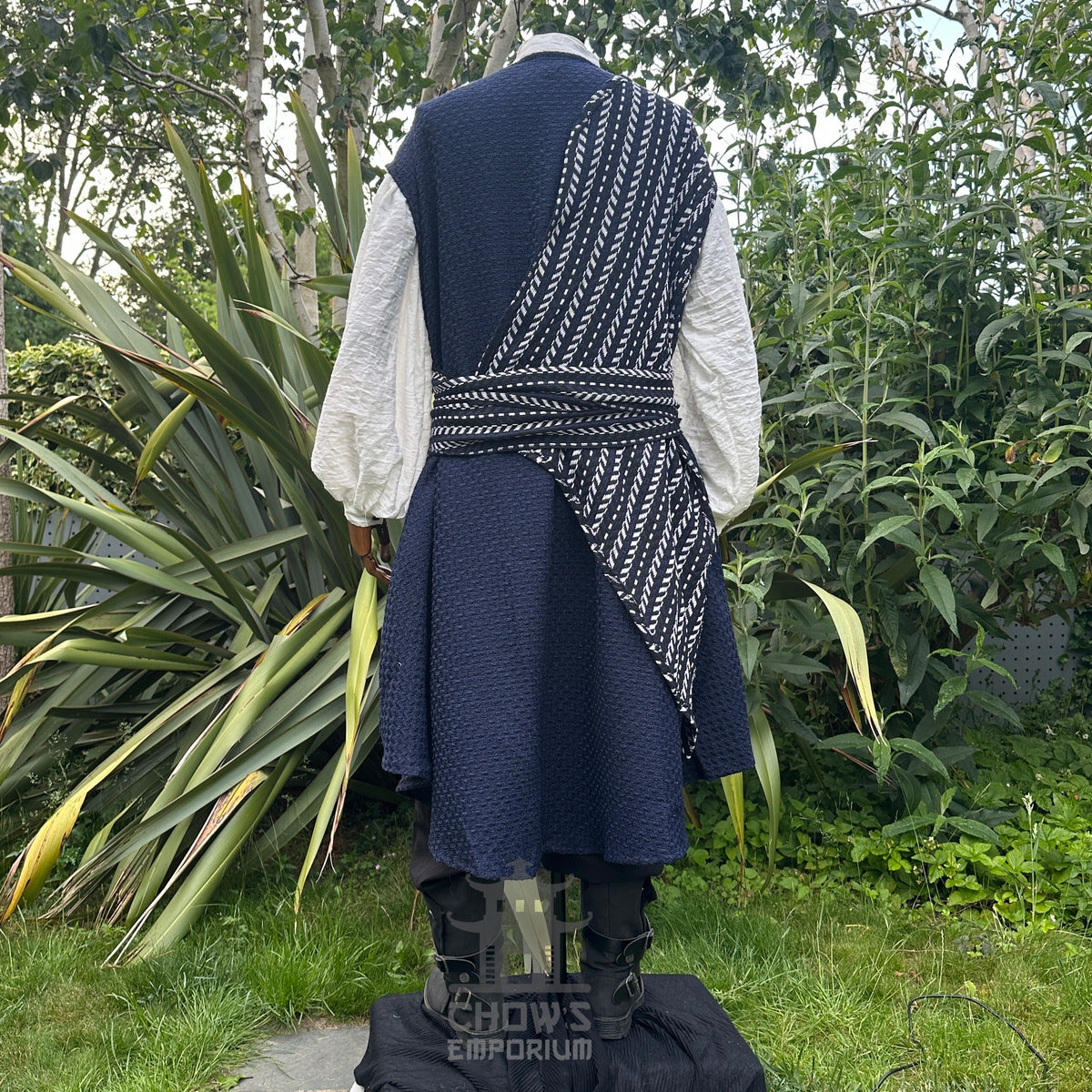 Back view of pirate waistcoat with panel tucked neatly into belt for clean, fitted silhouette.