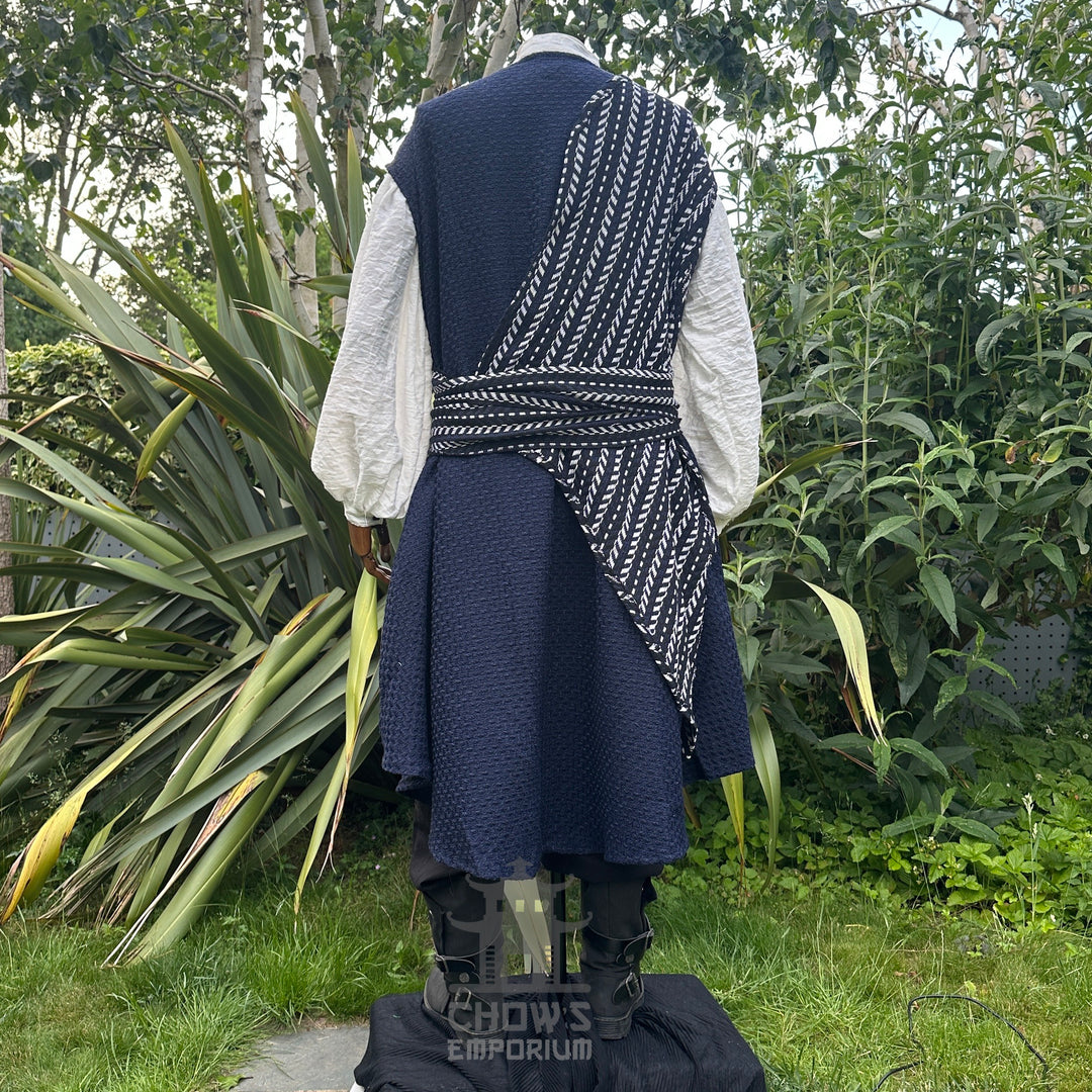 Navy blue waistcoat with white, black sash, medieval LARP attire, back view.