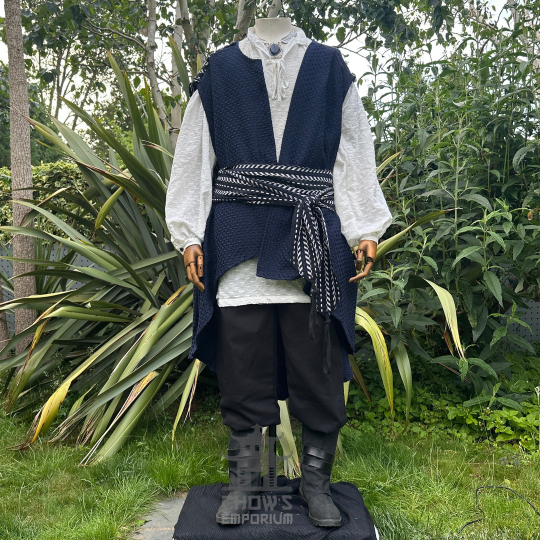 Navy waistcoat, white shirt, black pants with sash for LARP or medieval events.