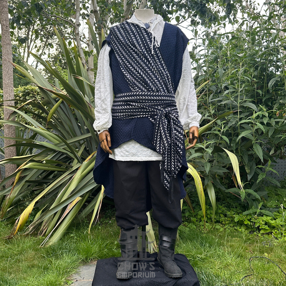 Medieval LARP outfit with diagonal sash and boots, front.