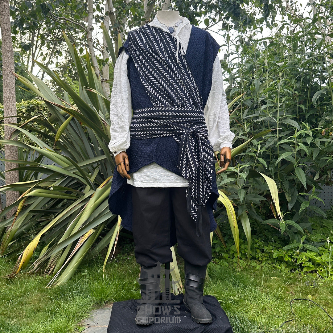 Medieval LARP outfit with diagonal sash and boots, front.