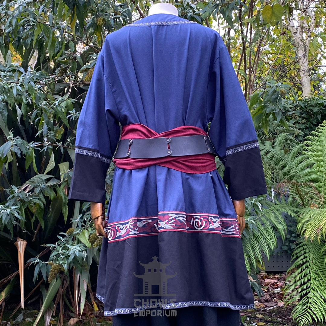 LARP medieval outfit with blue tunic, red sash, back view.