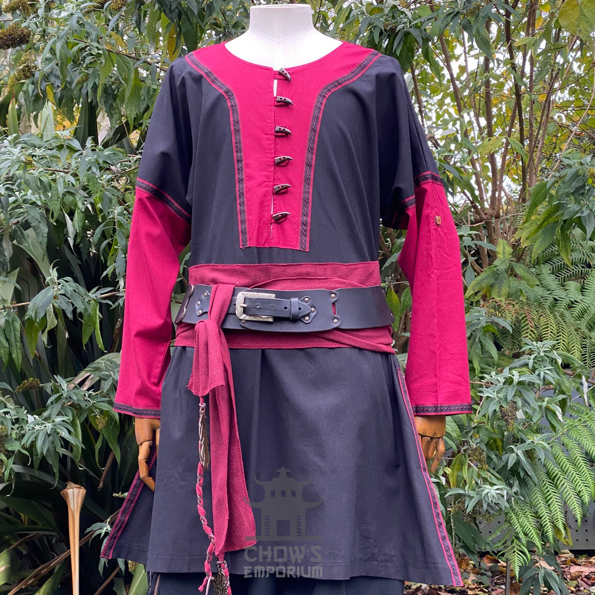 Crimson medieval LARP outfit front view with unique button detail and belt.