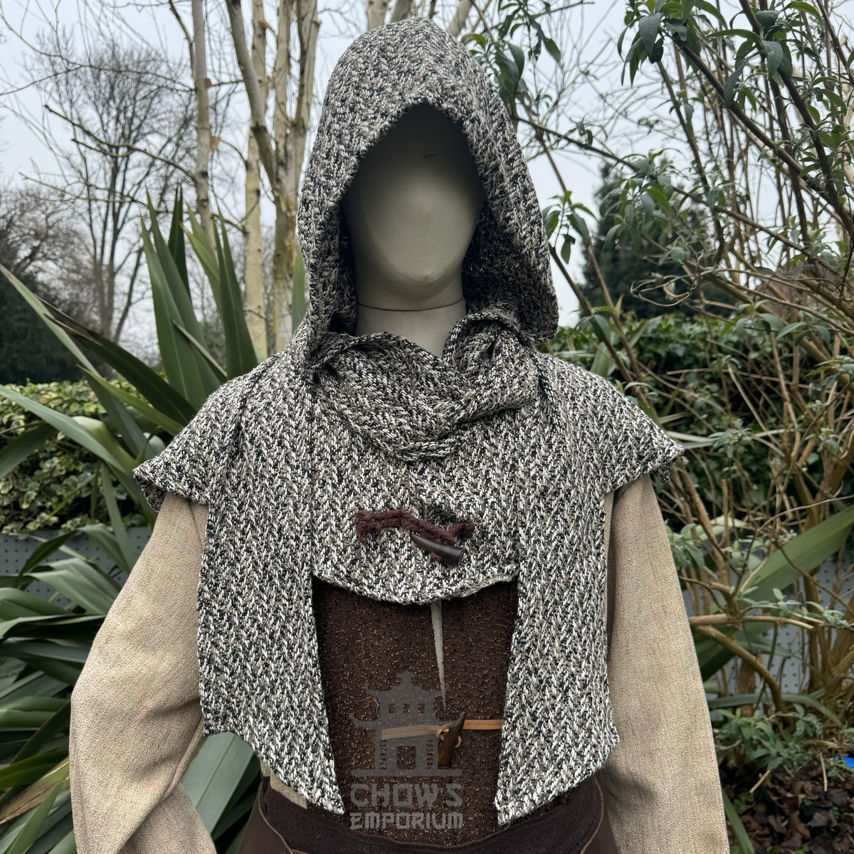 Brown, beige, and black wool scarf hood for medieval LARP attire.