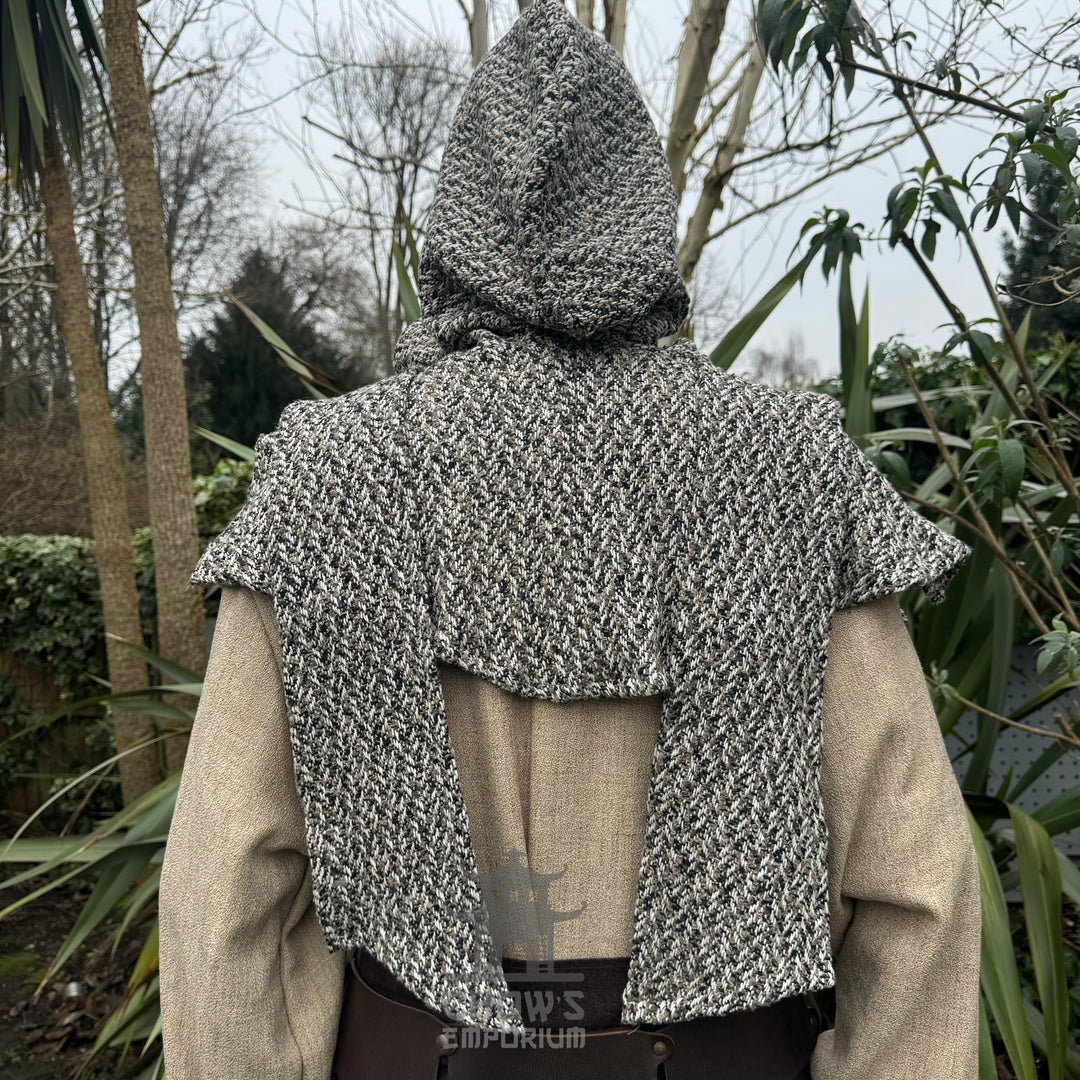 Back view of a brown, beige, and black medieval wool scarf hood.