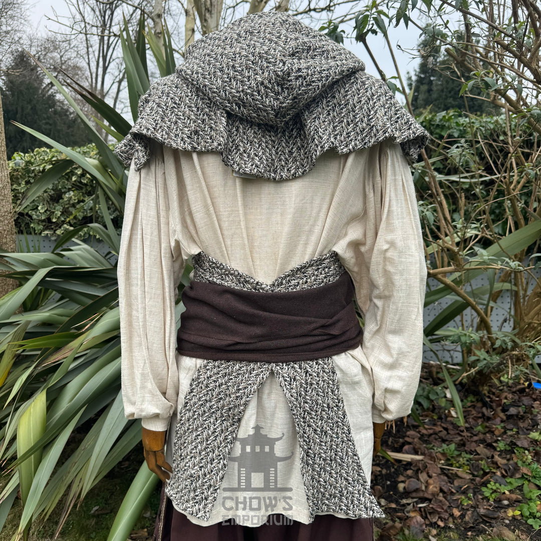 LARP medieval brown, beige, and black wool scarf hood from the back.