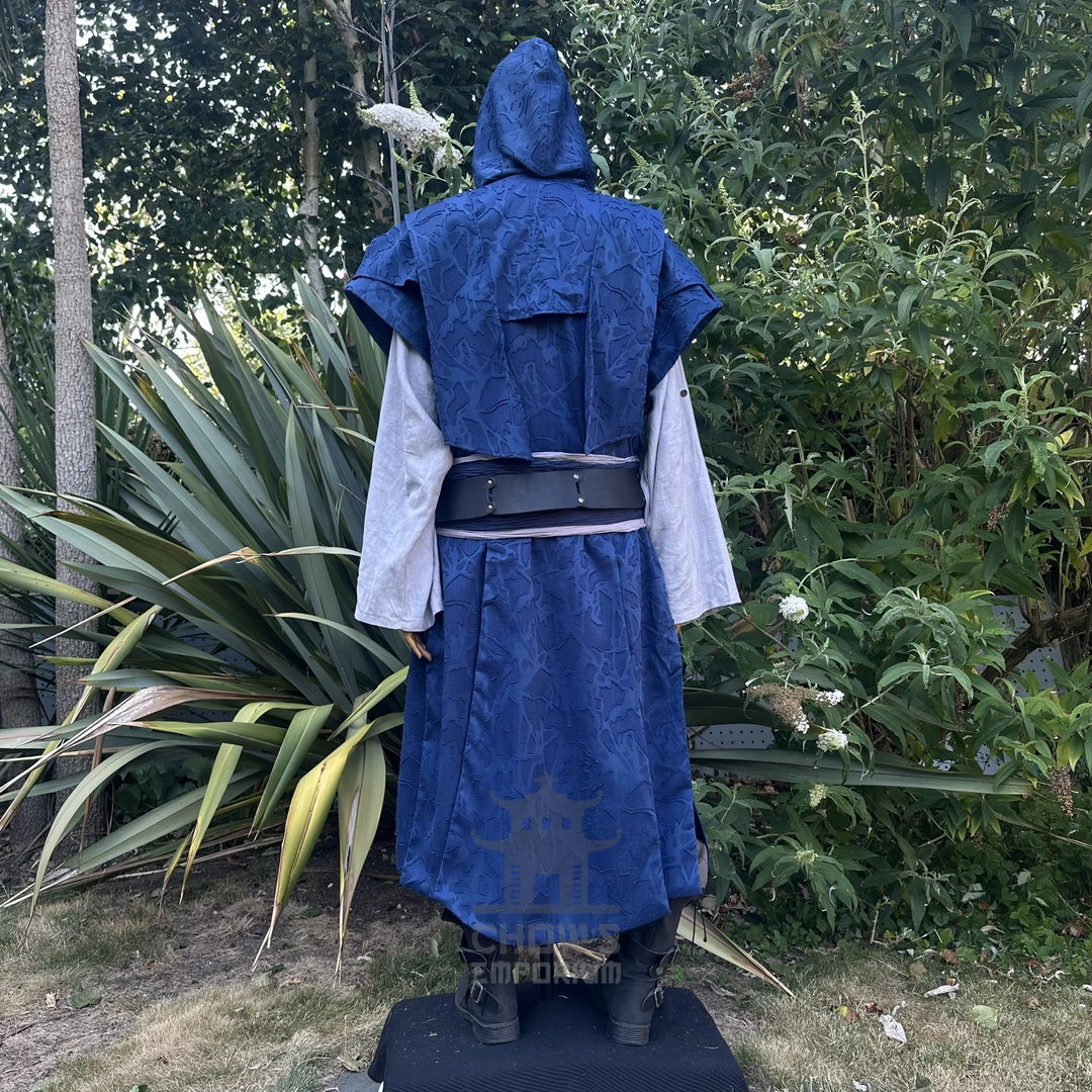 Blue Panelled Waistcoat &amp; Hood LARP Set, 2 Pieces (Waistcoat &amp; Scarf Hood)