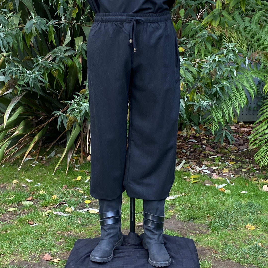 black wool medieval straight leg pants for LARP use.