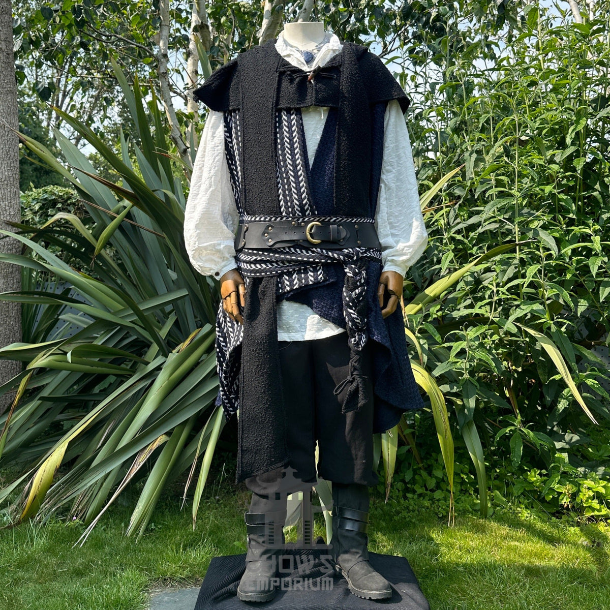 LARP ocean explorer set with black waistcoat, hood, pants, and sash.