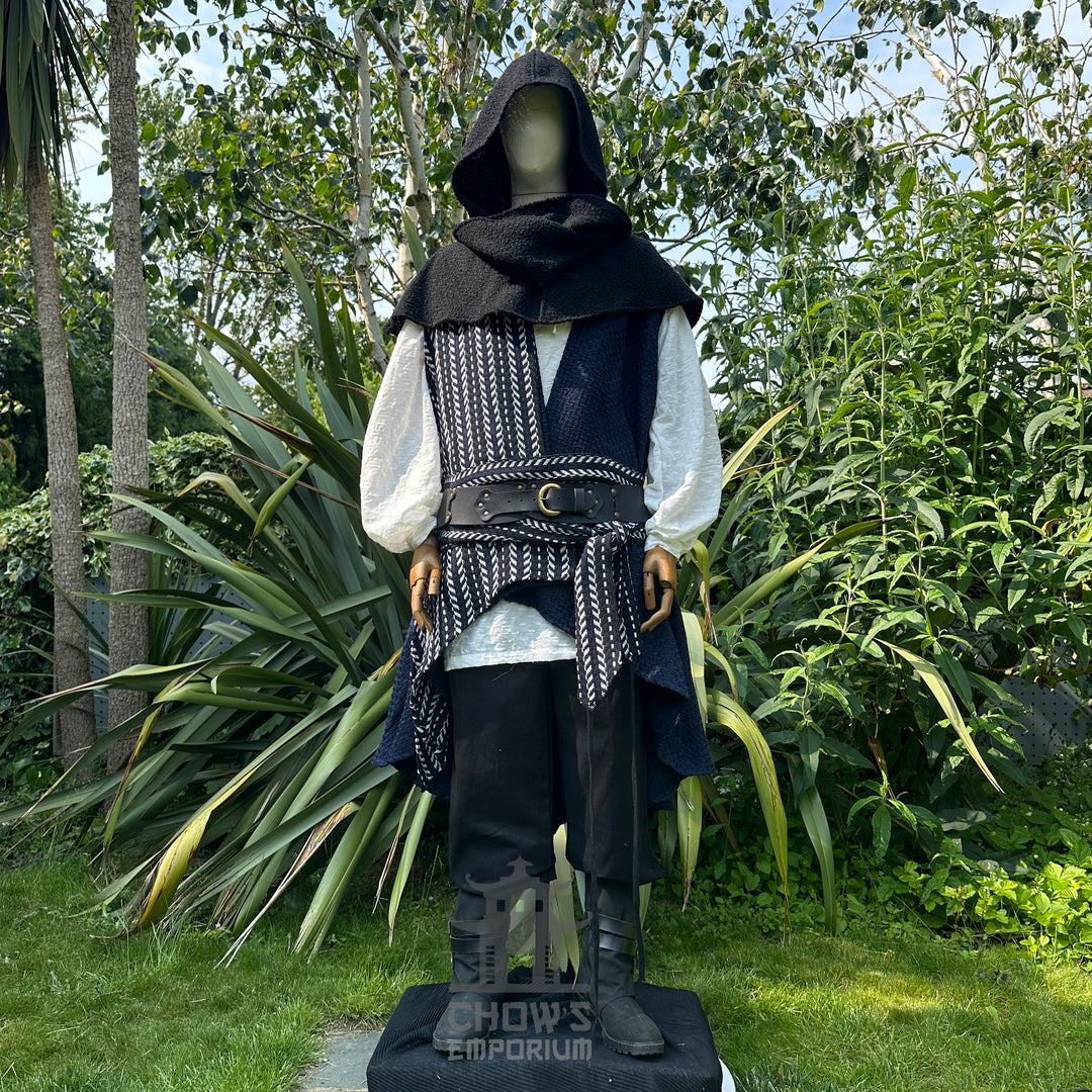 Pirate Rogue LARP set, dark hooded waistcoat, white shirt, black trousers.
