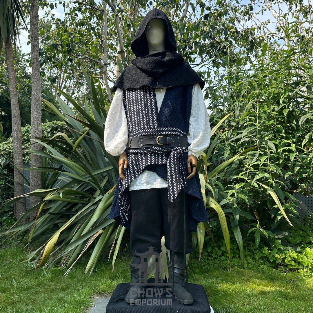 LARP medieval explorer costume with hooded cloak and layered belt.