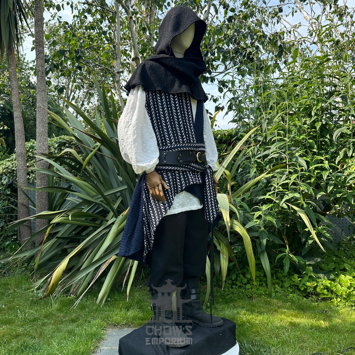 Medieval LARP costume front angle; hooded cape, striped vest, black pants.