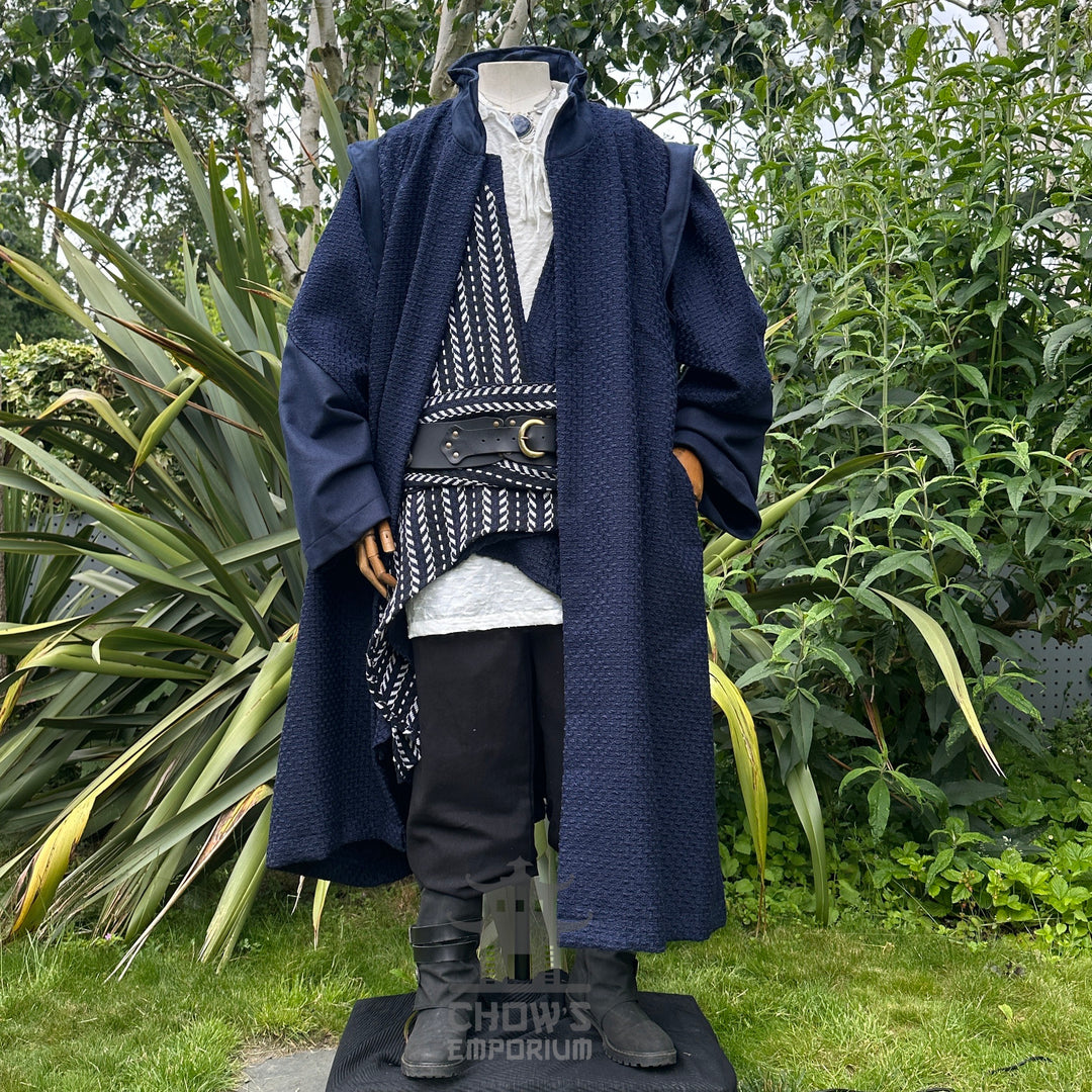 Medieval LARP costume front view featuring a robe, waistcoat, shirt, pants, sash and necklace.