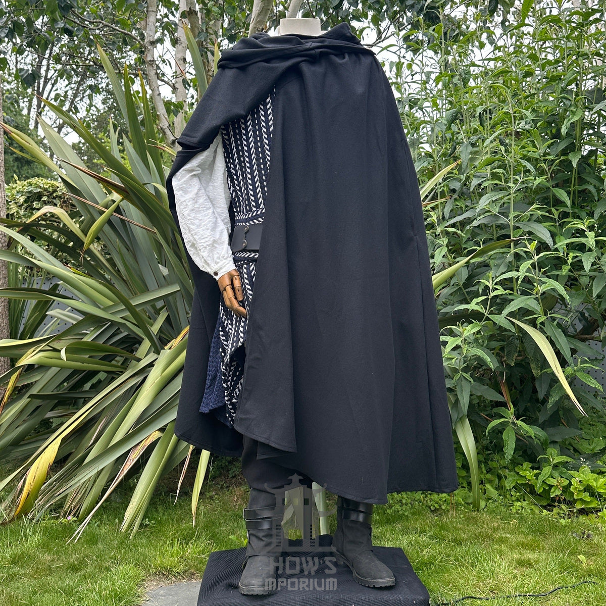 Front view of black wool hooded LARP cloak and robe, medieval fantasy cosplay costume for.