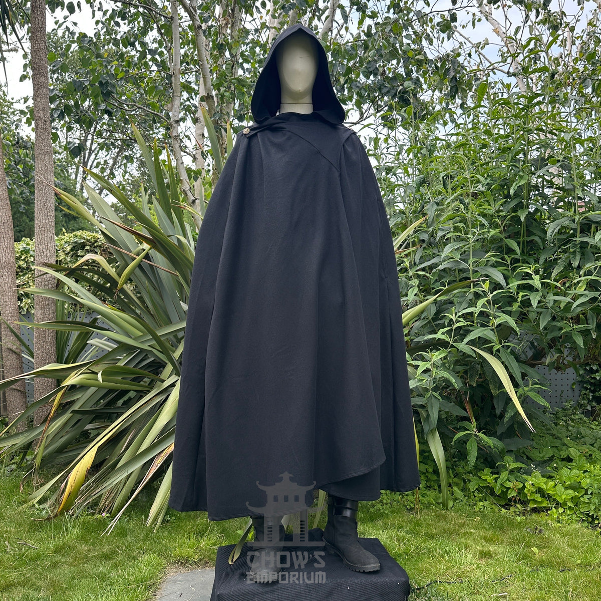Front view of black hooded wool LARP cloak, medieval fantasy cosplay costume for wizards, mages.