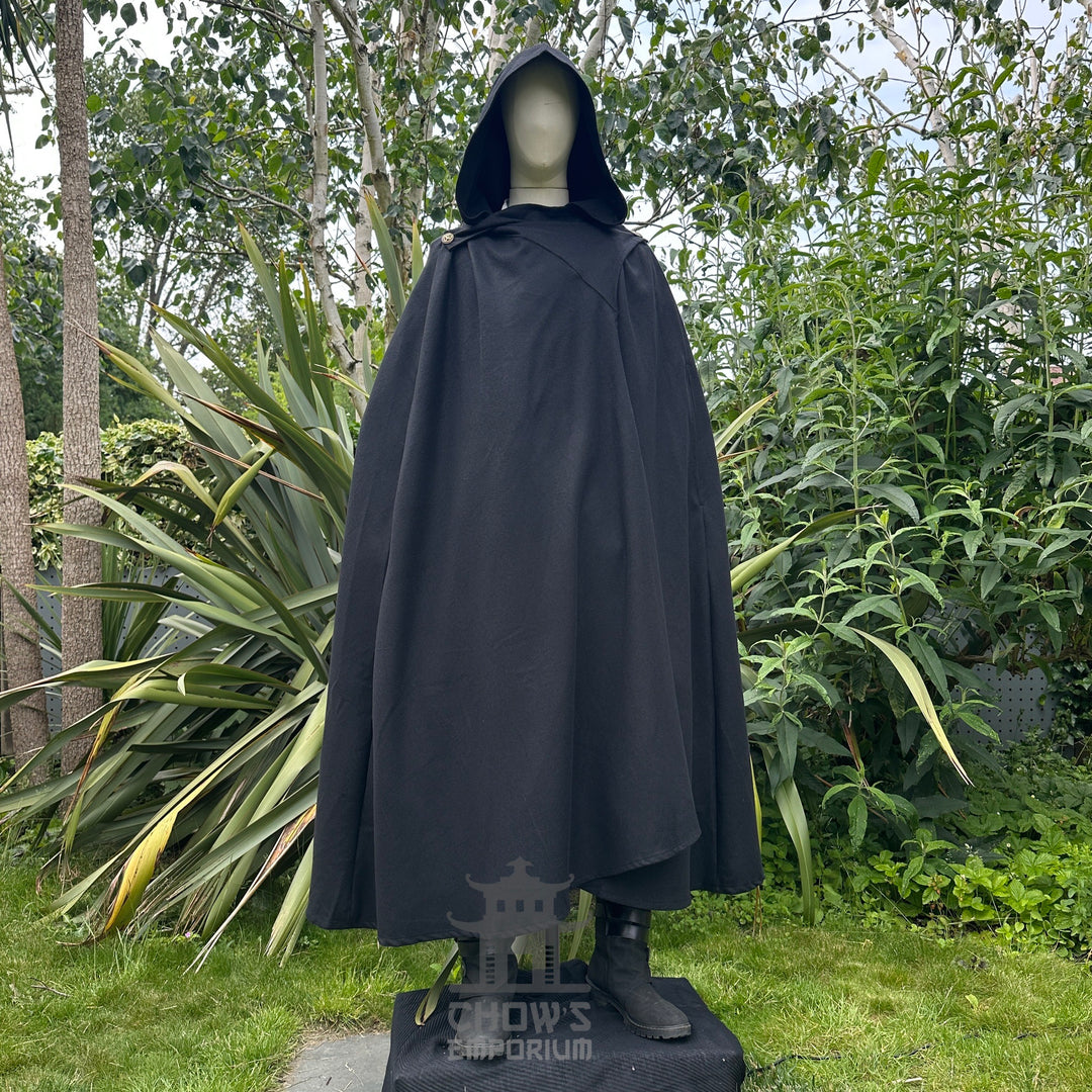 Front view of black hooded wool LARP cloak, medieval fantasy cosplay costume for wizards, mages.