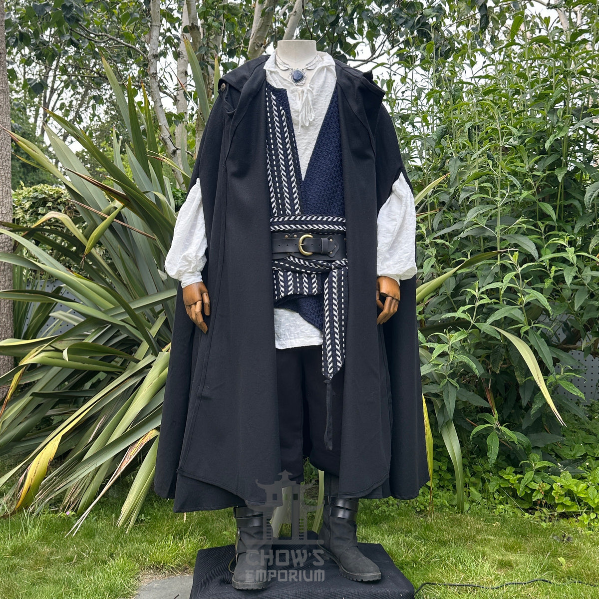 Black wool medieval LARP robe worn open, fantasy cosplay costume.
