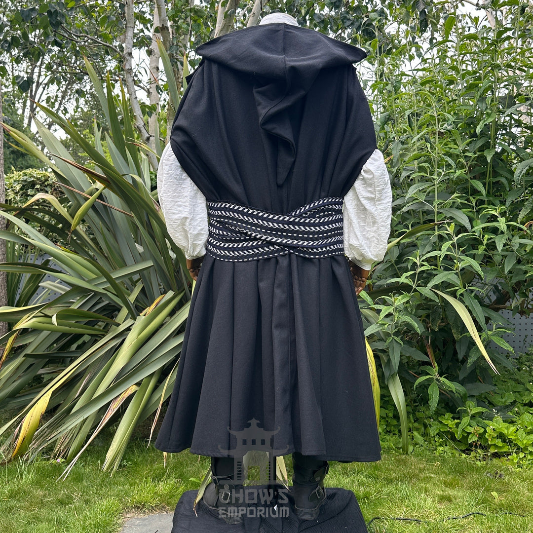 Full-length black wool hooded LARP cloak, medieval fantasy cosplay costume for wizards.