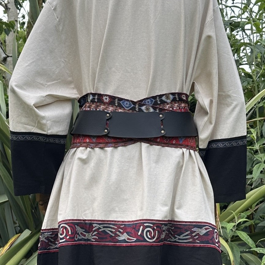 LARP medieval belt and sash set with red Aztec pattern, buffalo leather.