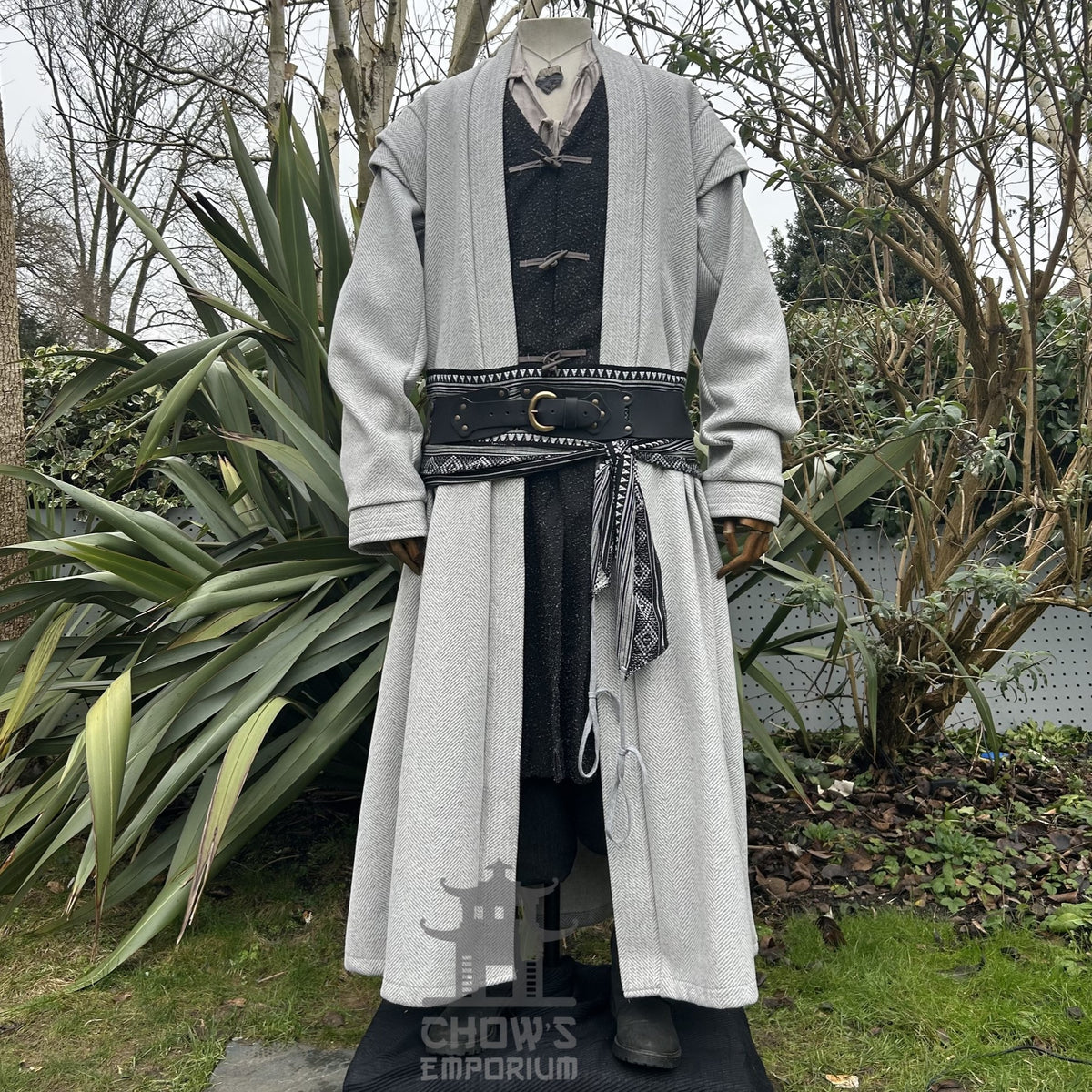 Medieval LARP costume front view, featuring a light grey full length robe, two-tone jacket.