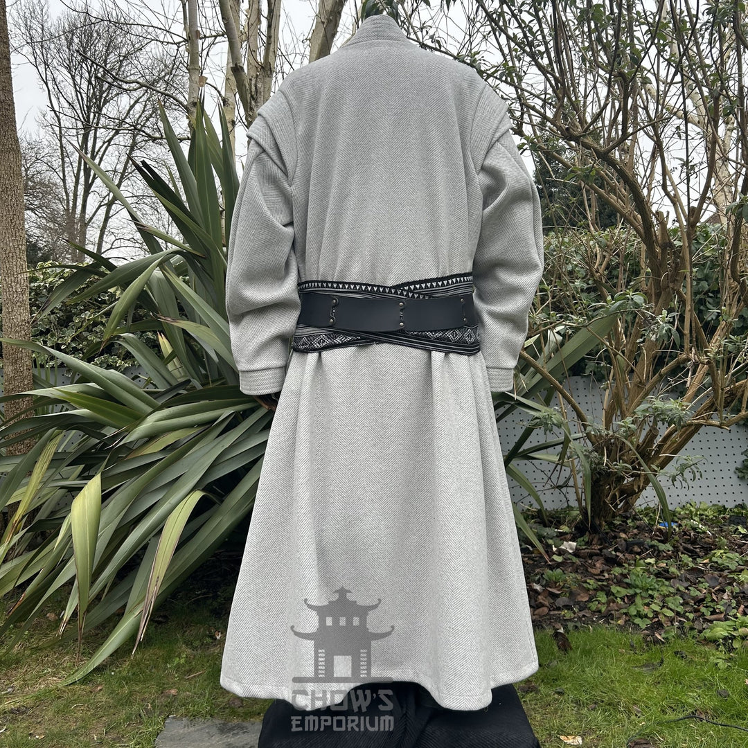 Medieval LARP costume back view, featuring a light grey full length robe, two-tone jacket.
