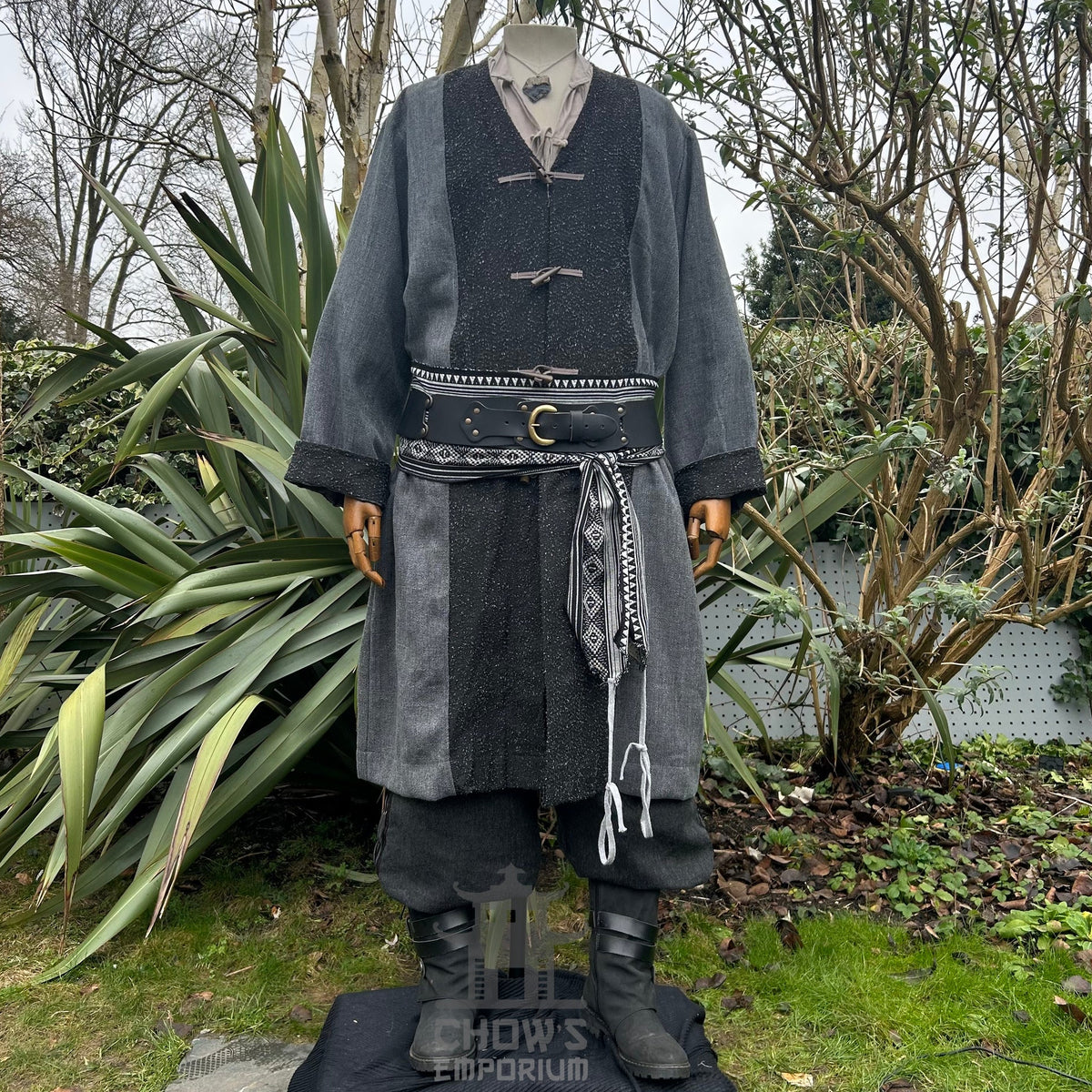 Grey Shadow Merchant LARP costume with jacket, shirt, trousers, and sash.