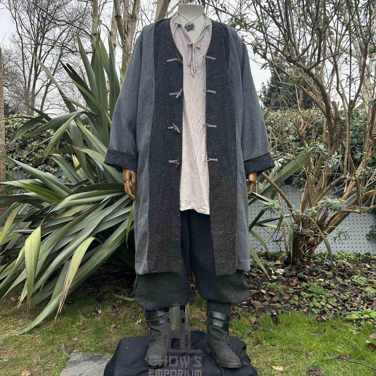 Medieval LARP robe set on mannequin, garden backdrop, full front view.