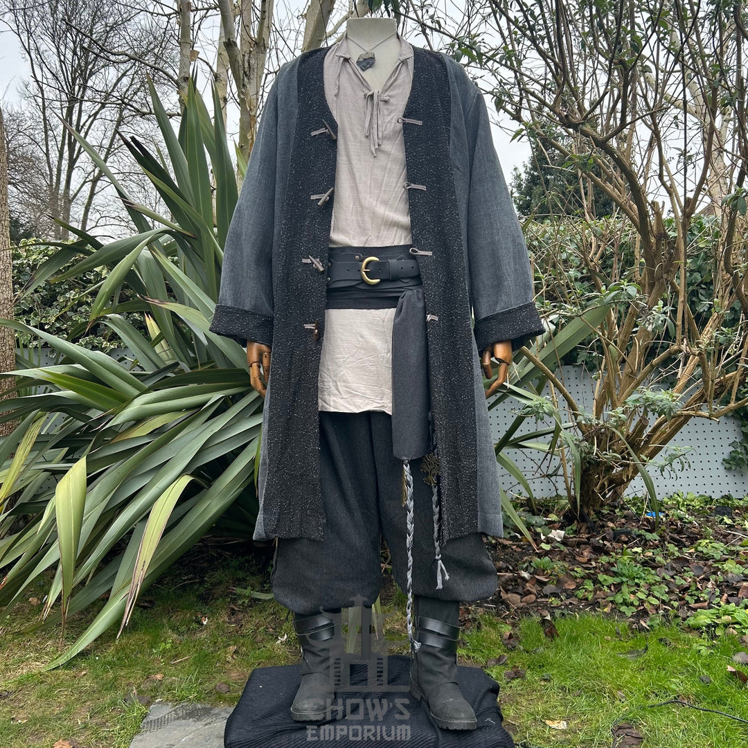 Medieval LARP outfit front view, featuring a grey two-tone jacket, shirt, trousers, belt and sash.