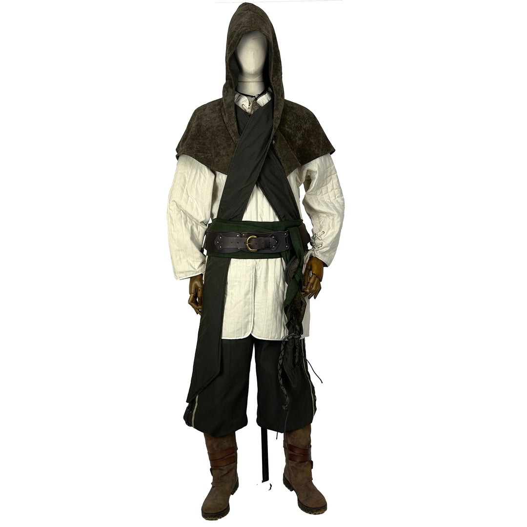 Green LARP outfit: hood, gambeson, pants, arm wraps, sash, necklace. Front view.