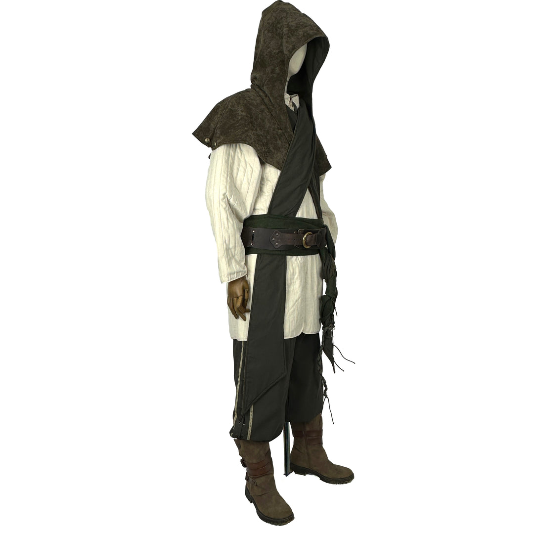 Green medieval LARP outfit with hood, gambeson, pants, side view.