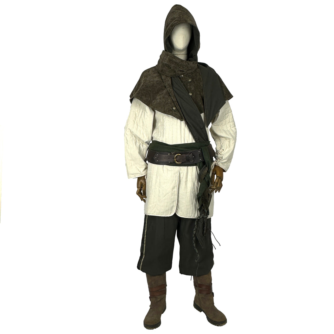 Green LARP medieval outfit with hood, gambeson, pants, arm wraps, sash, necklace.