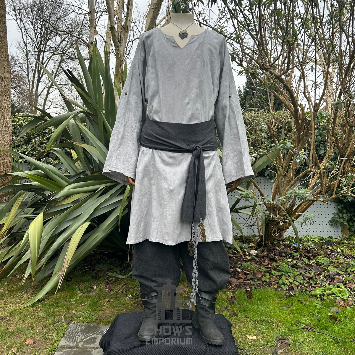 Grey LARP robe and tunic with black pants and sash, front view.