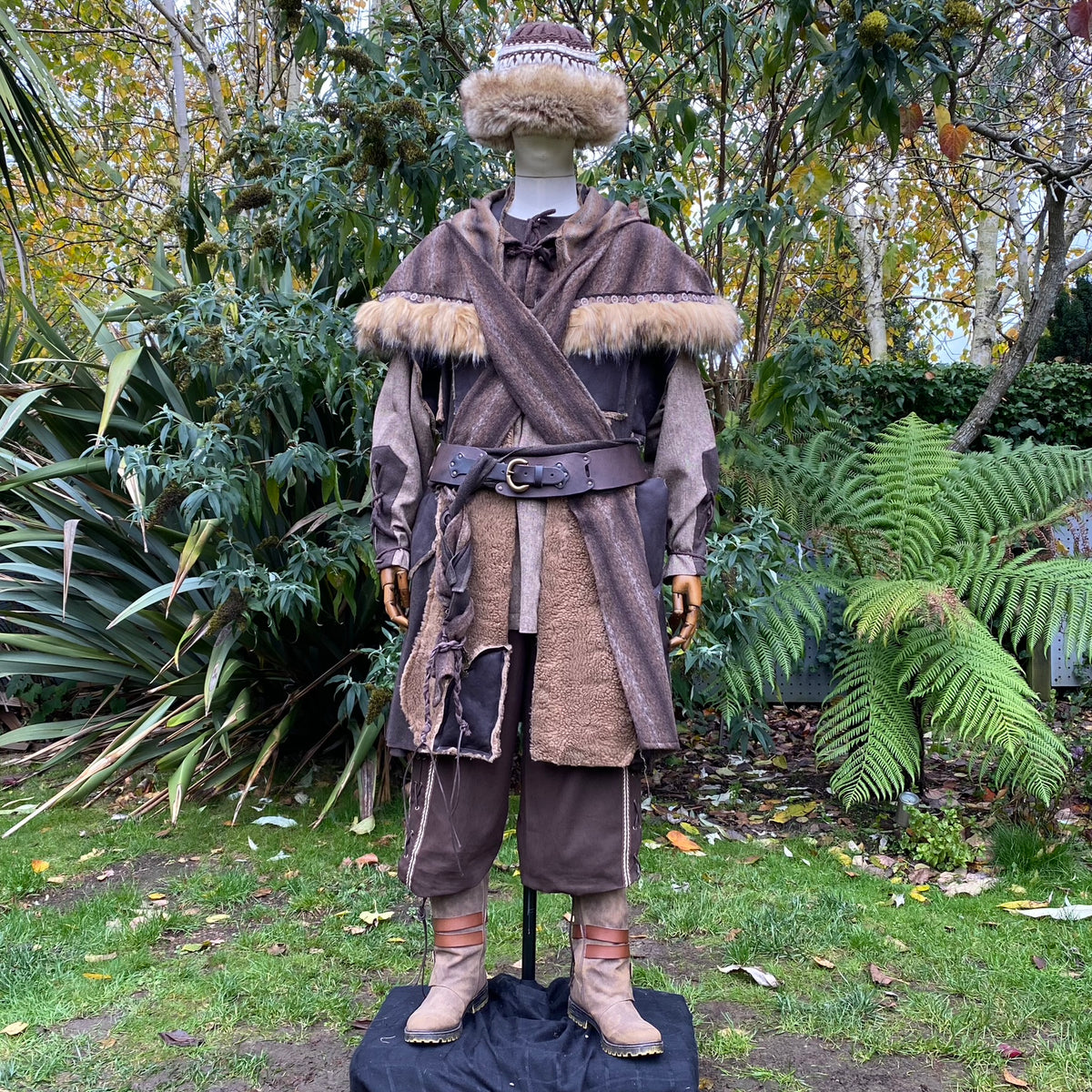 LARP costume with brown faux leather waistcoat.