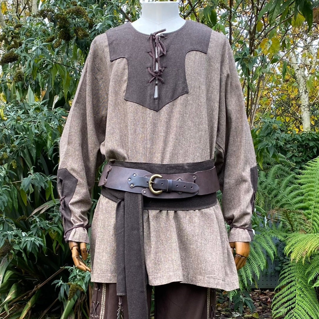 Brown medieval LARP outfit, close-up of two-tone shirt with leather belt.