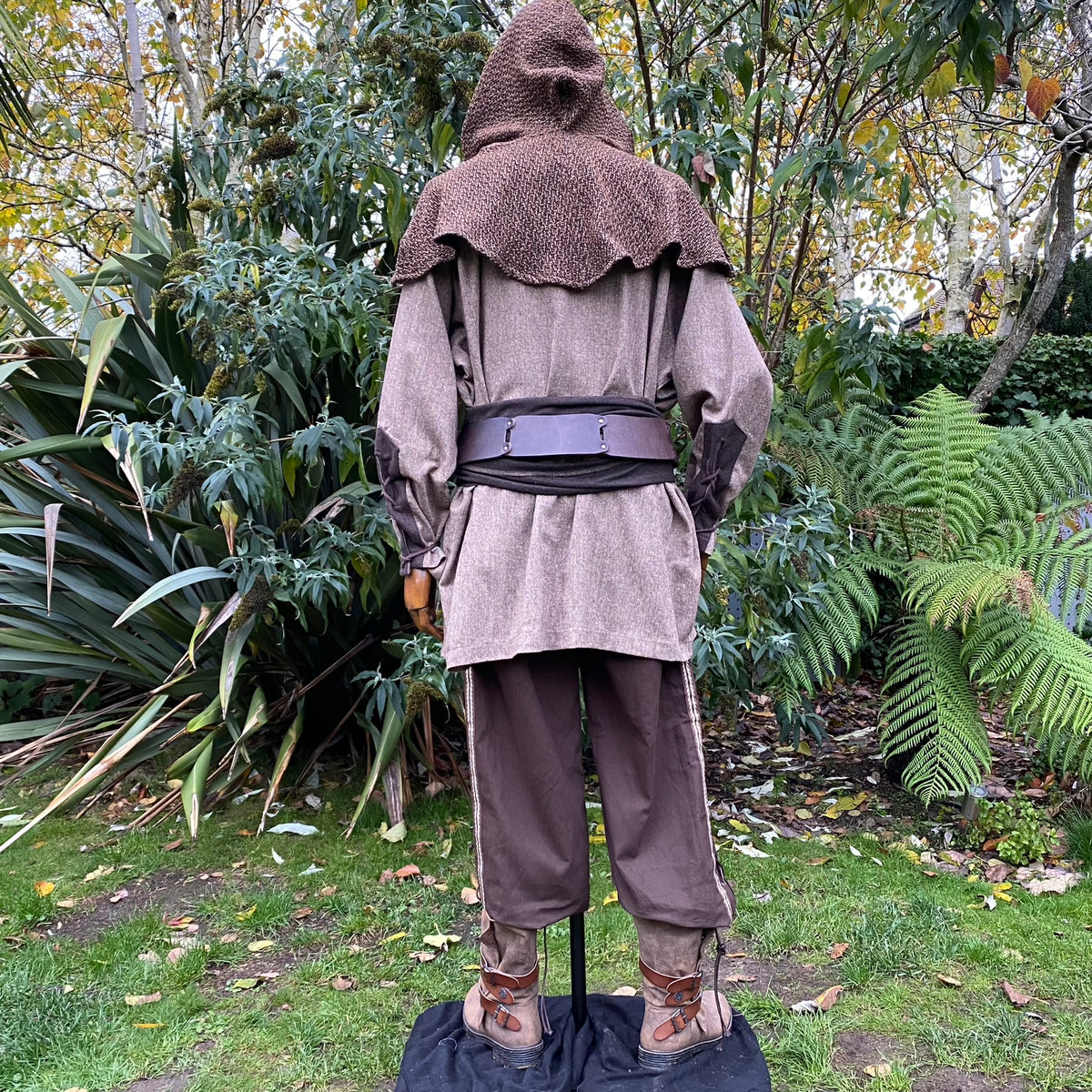 Rear view of brown medieval LARP outfit with hood and sash.