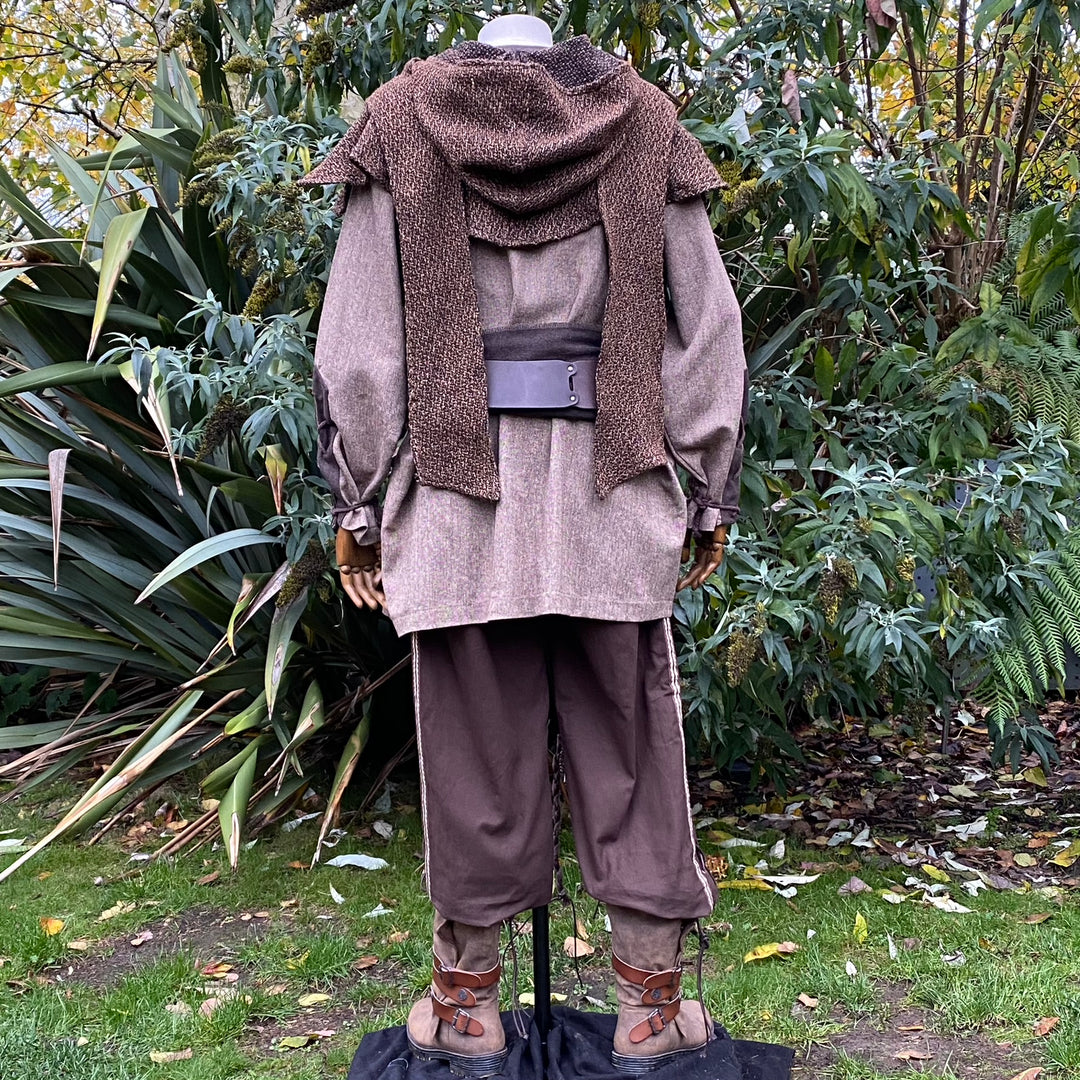 Rear view of brown wool hood draped over medieval LARP costume.