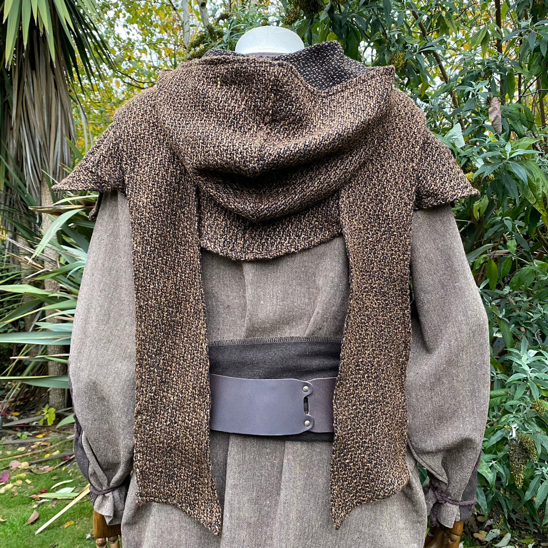Back view of brown wool scarf hood for LARP and medieval costume.