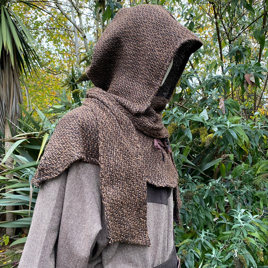 Medieval LARP outfit with textured hood.
