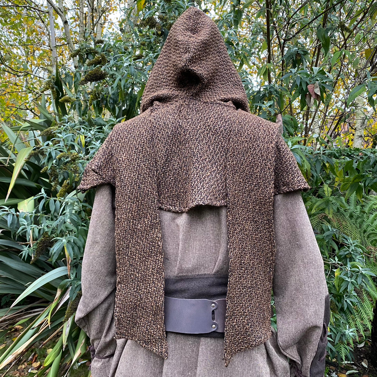 Rear view of brown wool hooded scarf over medieval tunic for LARP.