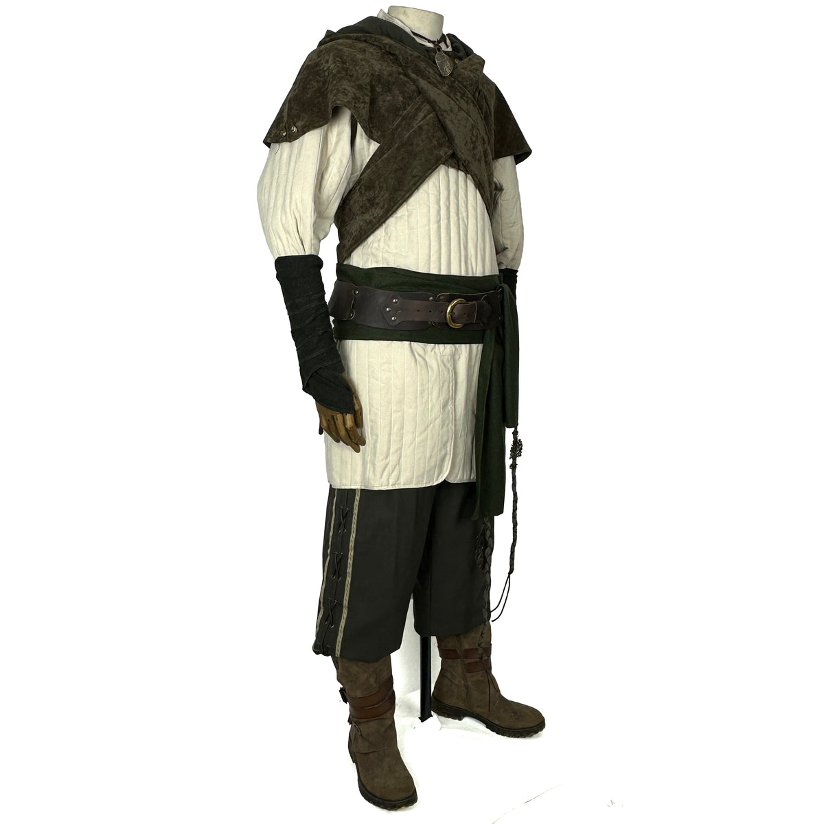 Green LARP outfit with hood, gambeson, pants, wraps, sash, and necklace.