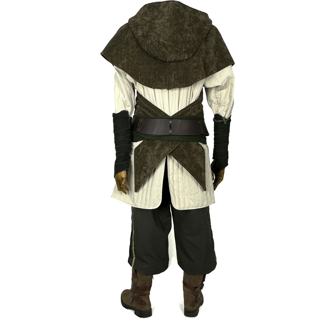 Medieval LARP green hooded outfit, back view with gambeson and pants.