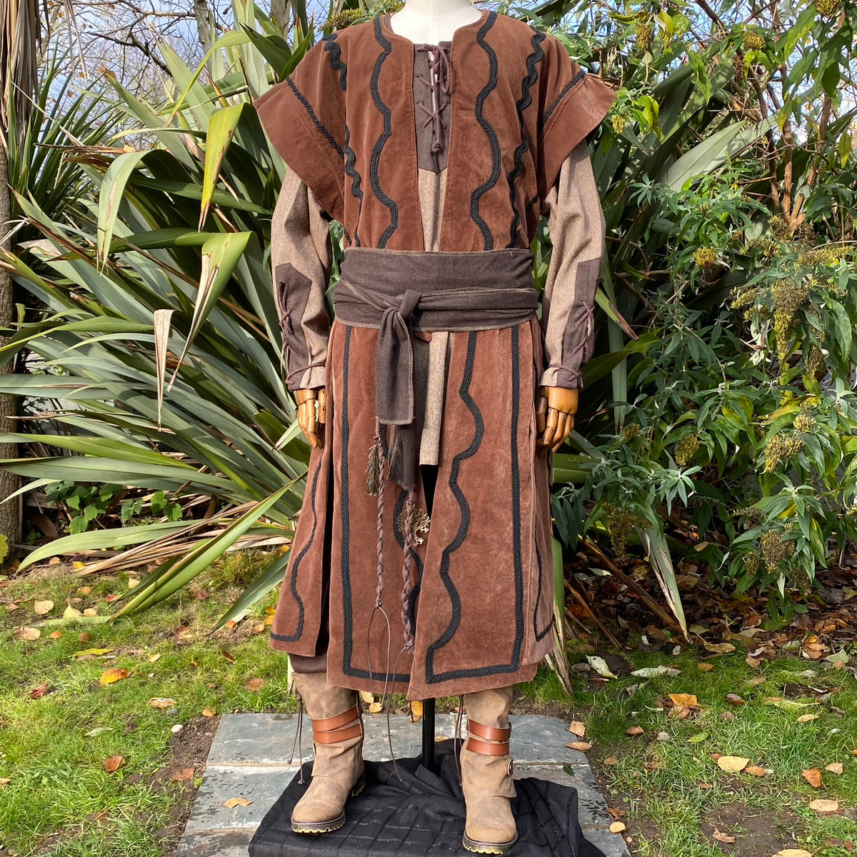 Medieval LARP waistcoat front view with ornate black braid detailing.