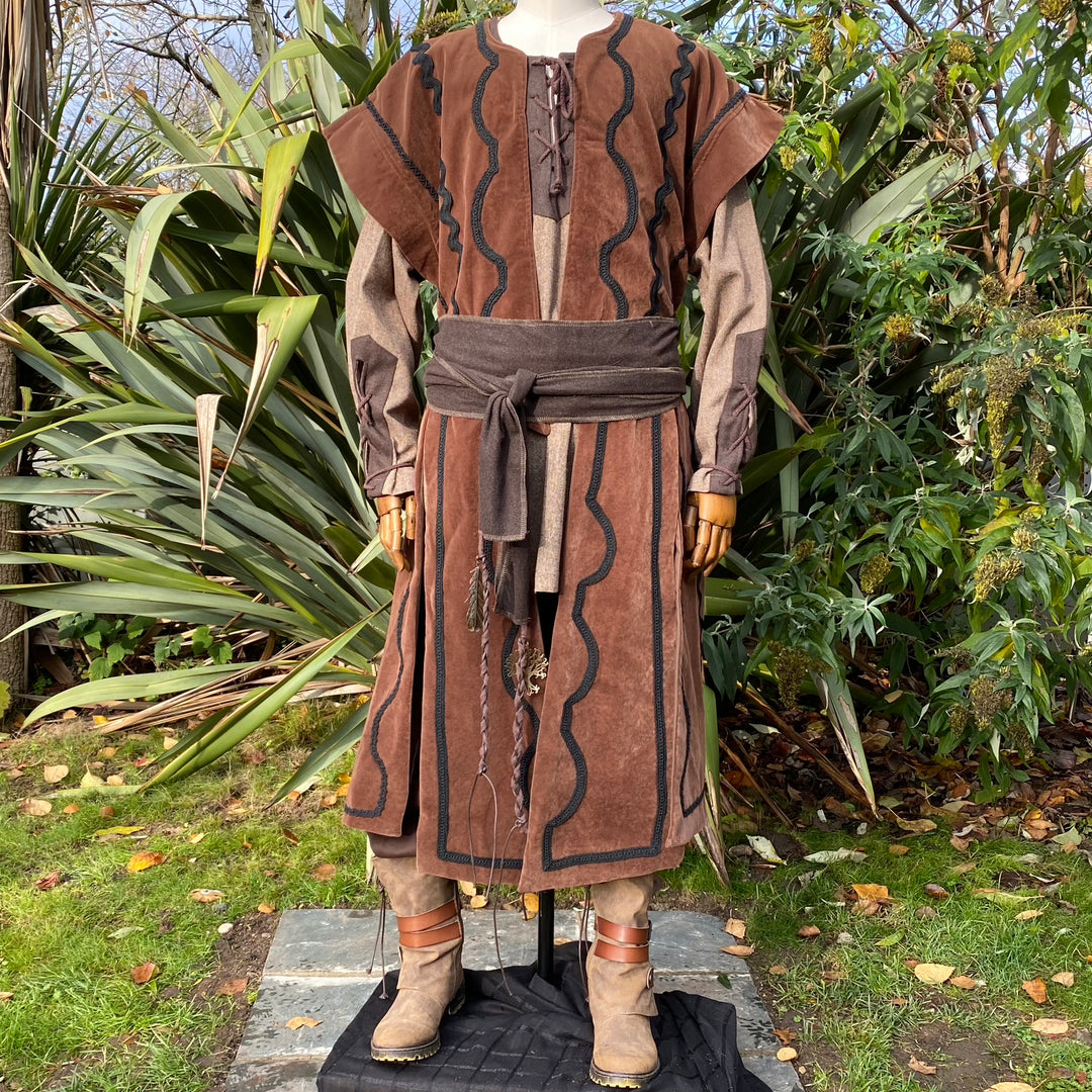 Medieval LARP waistcoat front view with ornate black braid detailing.