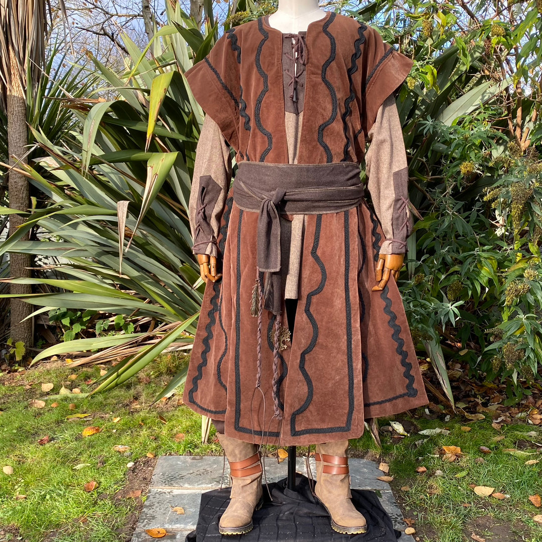 Rear view of brown suede effect LARP waistcoat with medieval braiding.