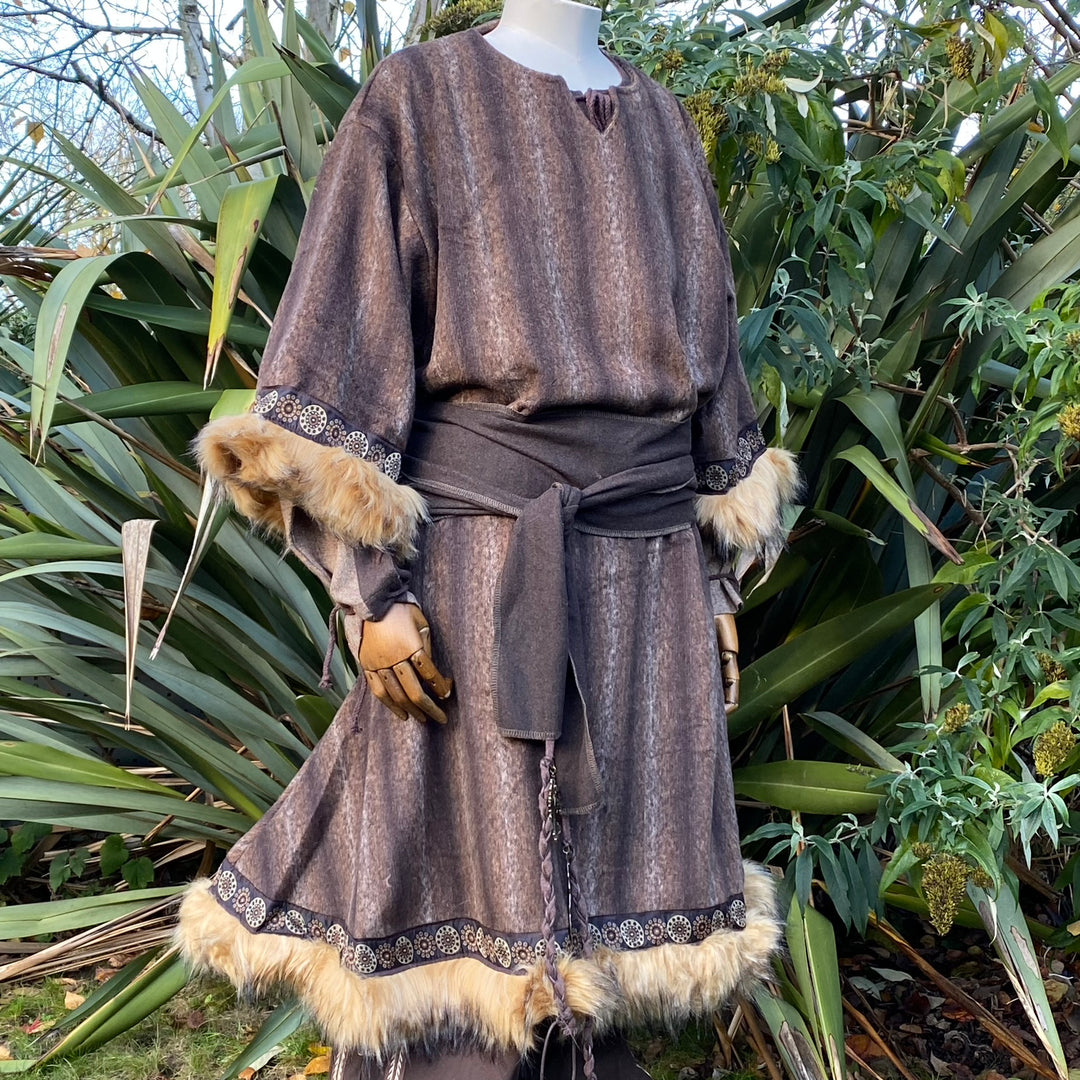 Brown medieval LARP tunic, hood, belt, and sash with fur trim, side view.