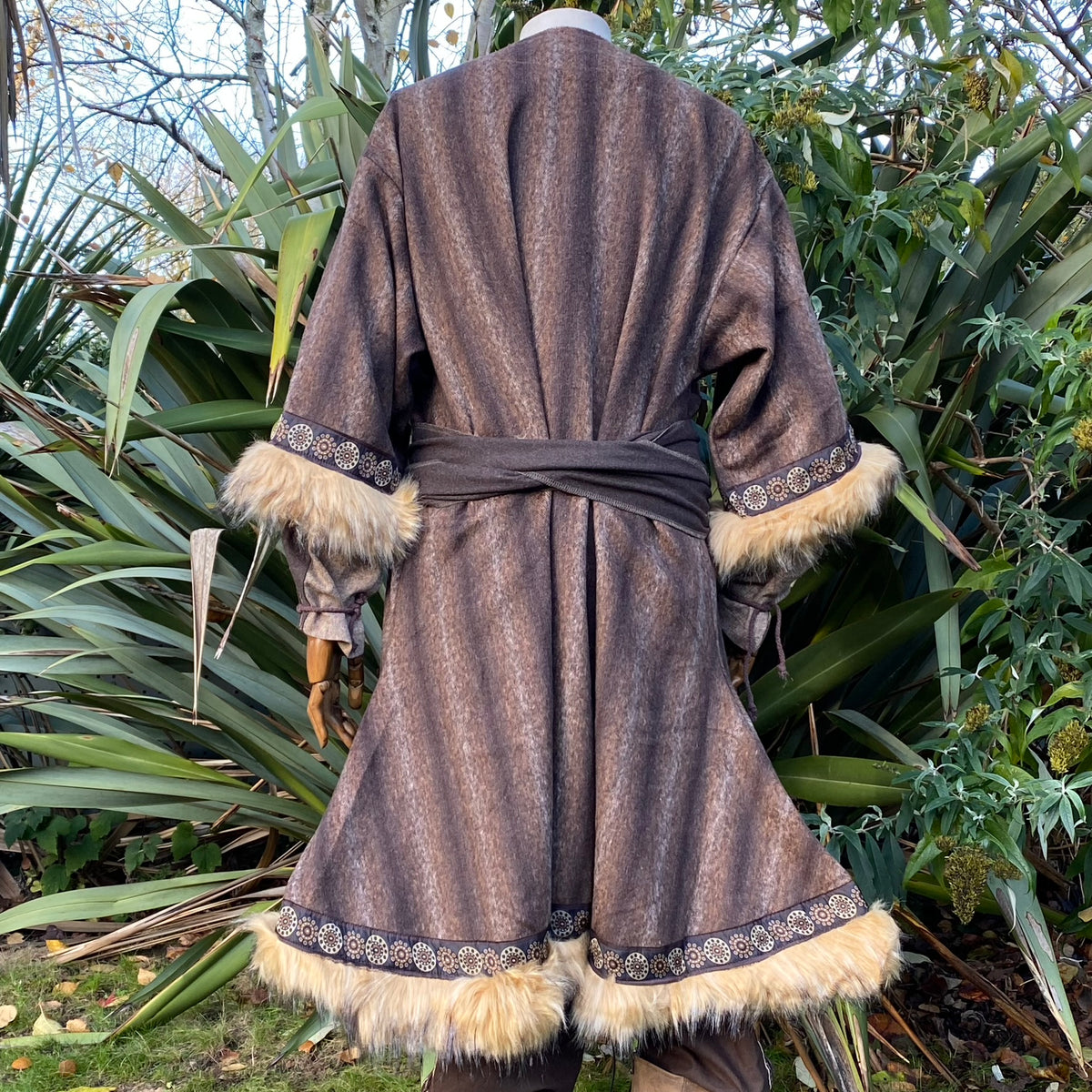 Brown medieval-style LARP tunic with fur trim, back view, detailed patterns.