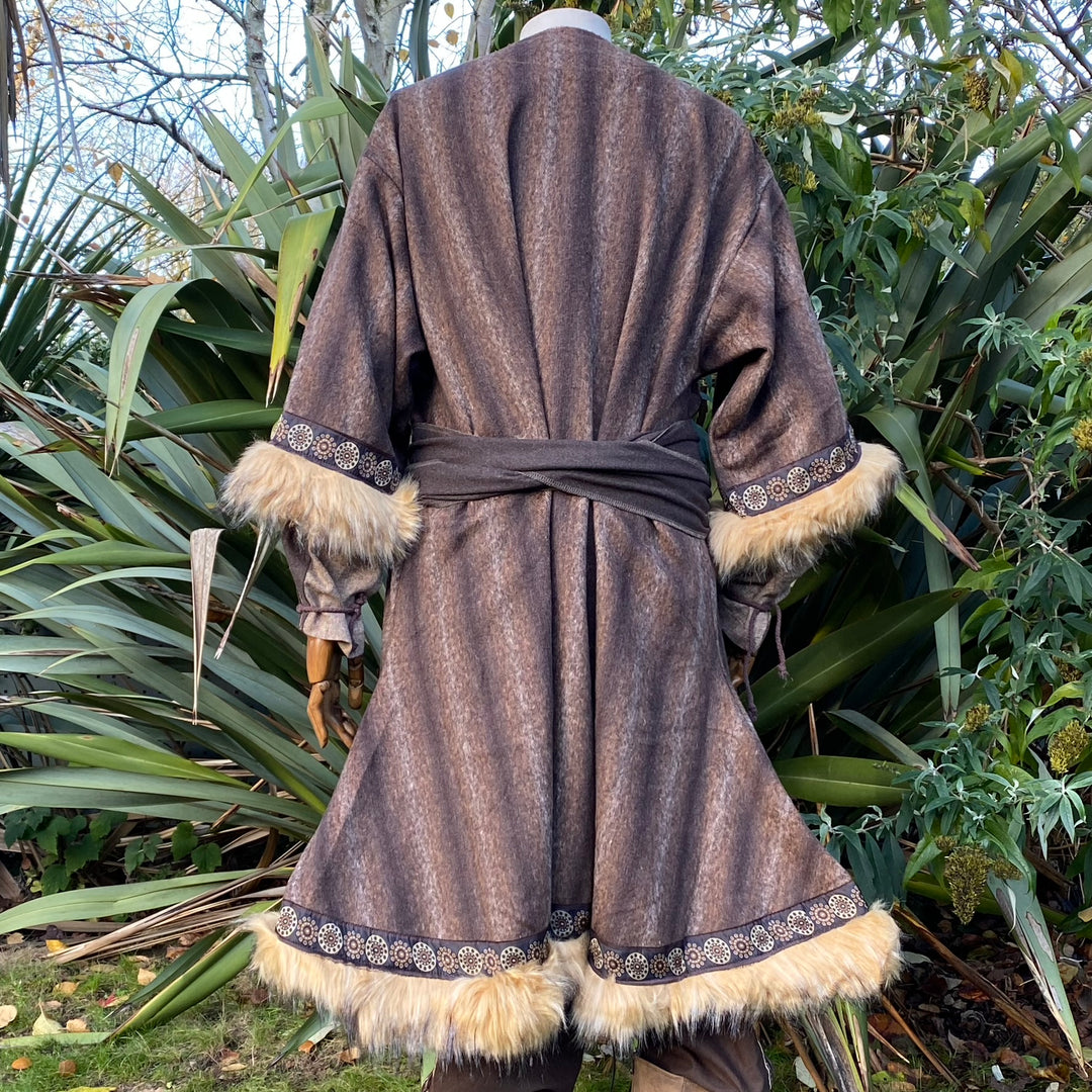 Brown medieval-style LARP tunic with fur trim, back view, detailed patterns.