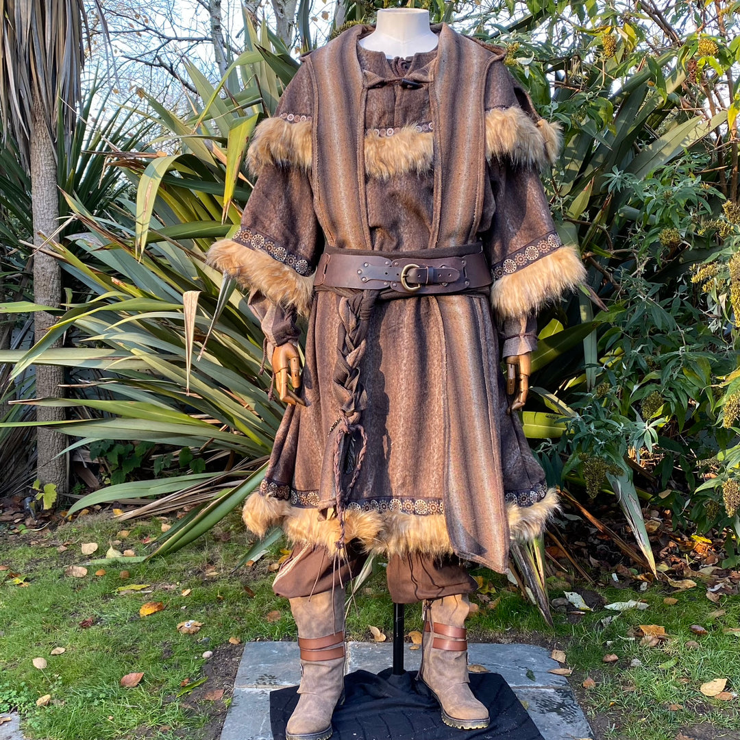 Brown medieval LARP tunic and hood with fur trim, front view.