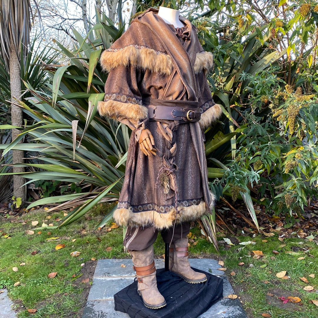 Brown medieval LARP tunic and hood with fur trim, side angle view.