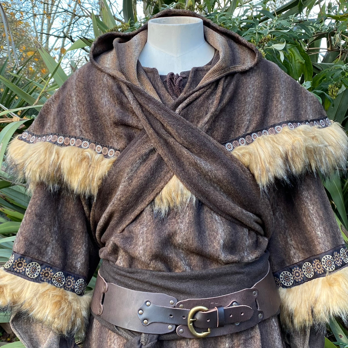 Brown medieval LARP tunic and hood with fur trim, front view, wool blend.